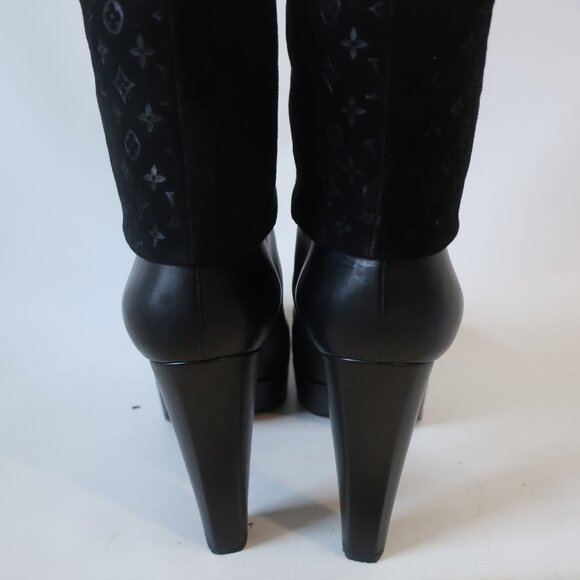 Authentic Louis Vuitton Blk Leather LV Logo Suede Art Deco Heel Boot 37.5 US/7.5 - Picture 8 of 16